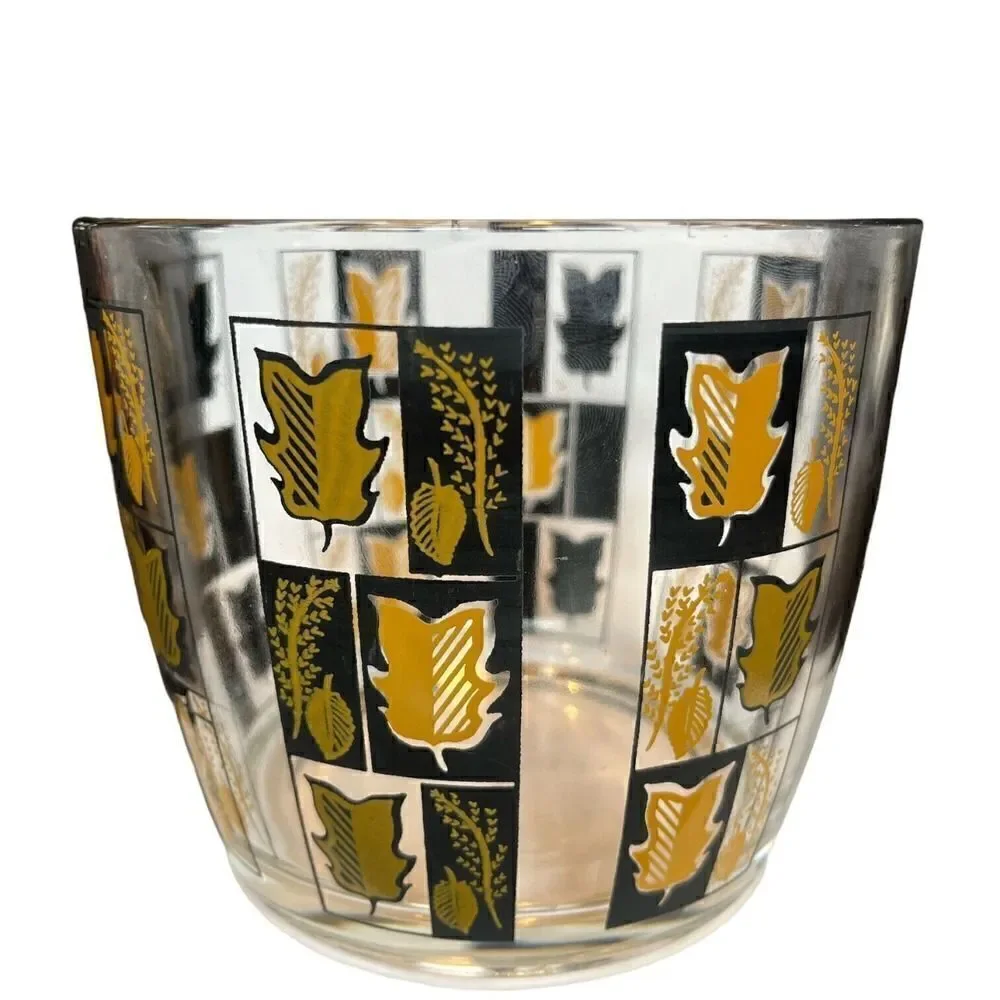 Vintage Hazel Atlas Black Gold Leaf Botanical Glass Ice Bucket MCM w/metal Frame